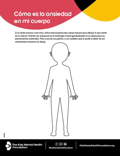 Hoja de actividades en español de The Kids Mental Health Foundation que ayuda a los niños a identificar y dibujar en qué partes de su cuerpo sienten ansiedad utilizando la silueta de un cuerpo humano.