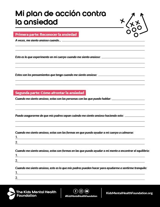Mi plan de acción contra la ansiedad: actividad en español para niños que ayuda a reconocer sentimientos, síntomas físicos y pensamientos relacionados con la ansiedad, y a desarrollar estrategias de afrontamiento con el apoyo de familiares y adultos de confianza.