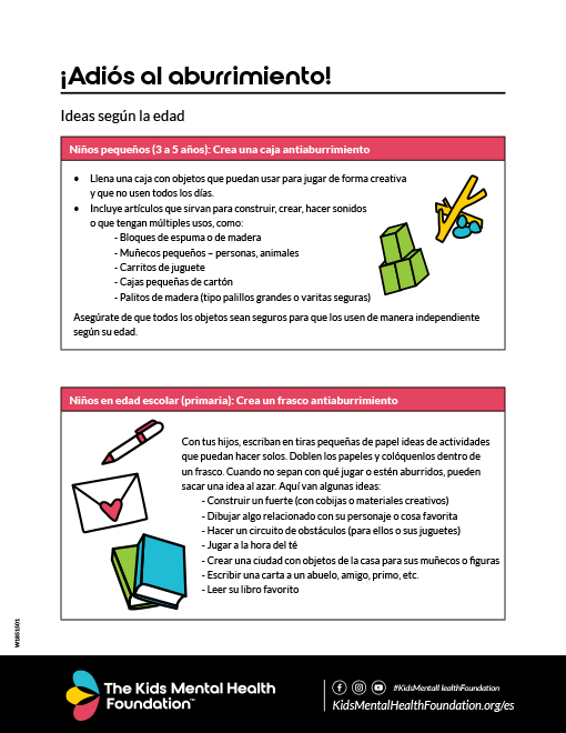 Guía en español con ideas de actividades para combatir el aburrimiento en niños pequeños y de primaria.