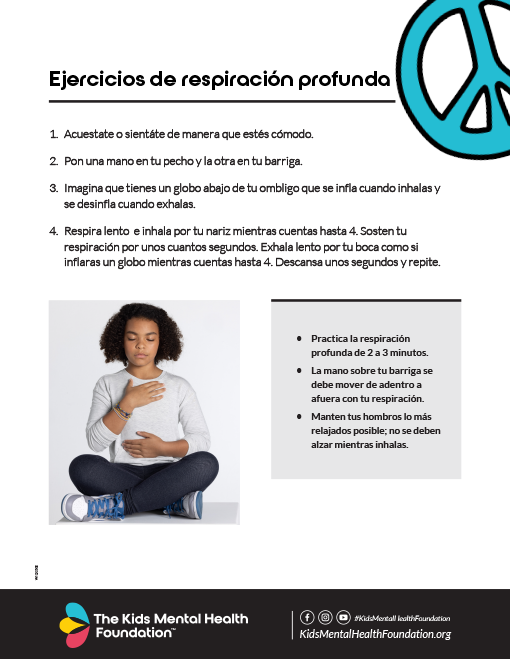 Guía imprimible de ejercicios de respiración profunda de The Kids Mental Health Foundation, destinada a ayudar a los niños a afrontar situaciones y a regular sus emociones.