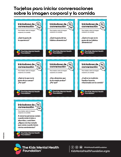 Hoja de conversación en español titulada 'Tarjetas para iniciar conversaciones sobre la imagen corporal y la comida' de The Kids Mental Health Foundation. Incluye preguntas para ayudar a niños y adolescentes a hablar sobre su apariencia, hábitos alimenticios y relación con la comida.
