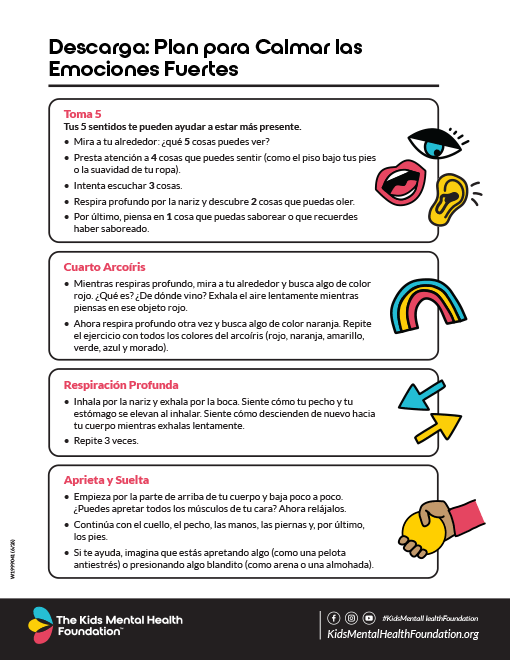 Hoja de ejercicios de atención plena titulada «Plan para calmar emociones intensas», que incluye ejercicios de anclaje, respiración y relajación muscular.