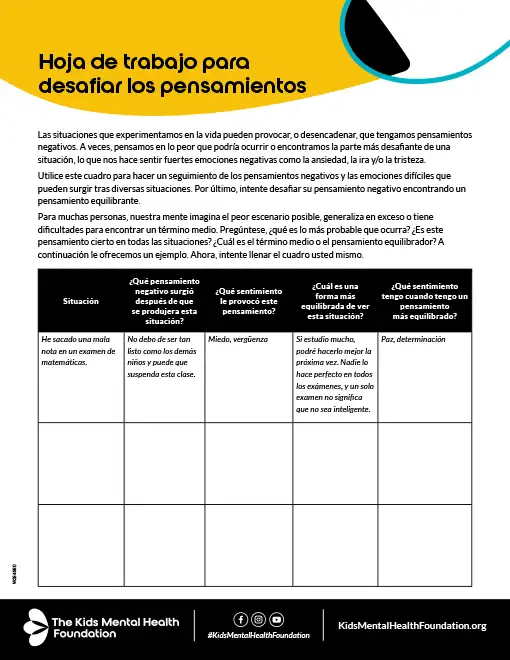 Hoja de trabajo para desafiar los pensamientos